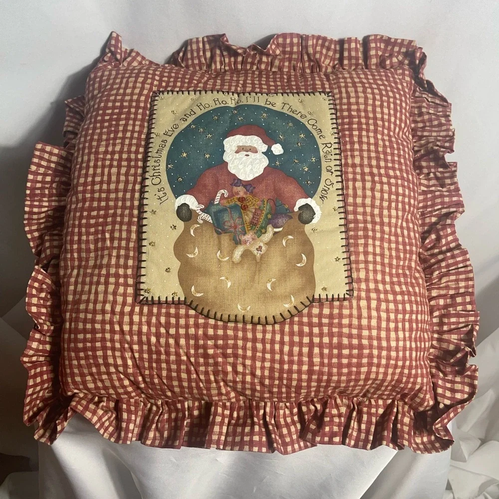 Handmade Christmas Santa Pillow Plaid Ruffle Edge Debbie 1997 Holiday Decor 16”